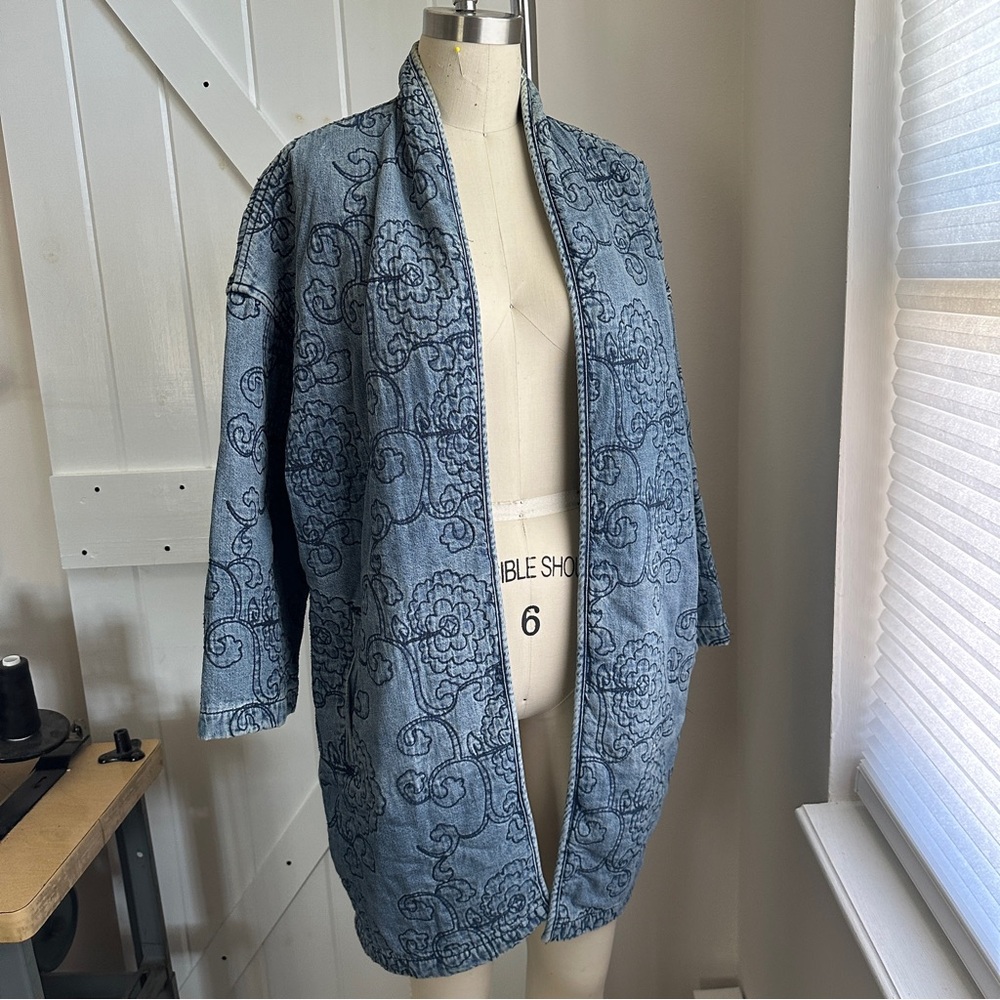 Blue Floral Embroidered Open Denim Jacket